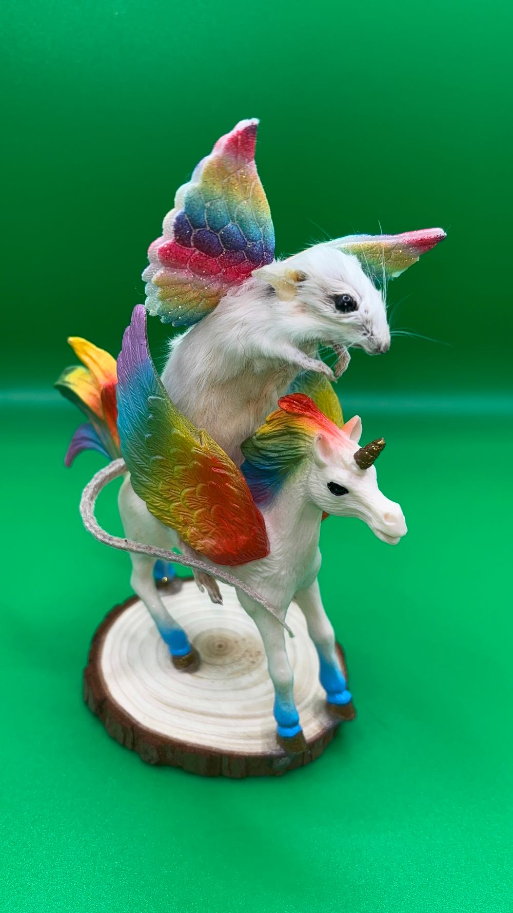 Taxidermy Mouse Angel on Unicorn Display